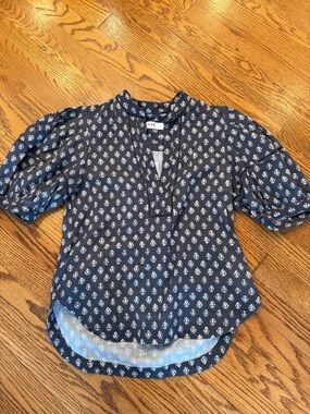 Joie Navy Micro-Print Puff Sleeve Blouse